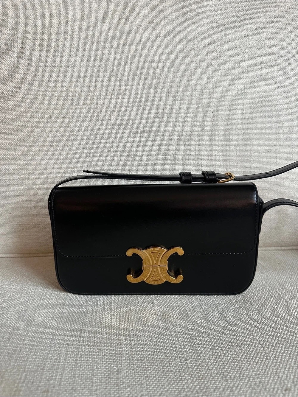 Celine Black Leather Crossbody Bag with Gold Triomphe Clasp